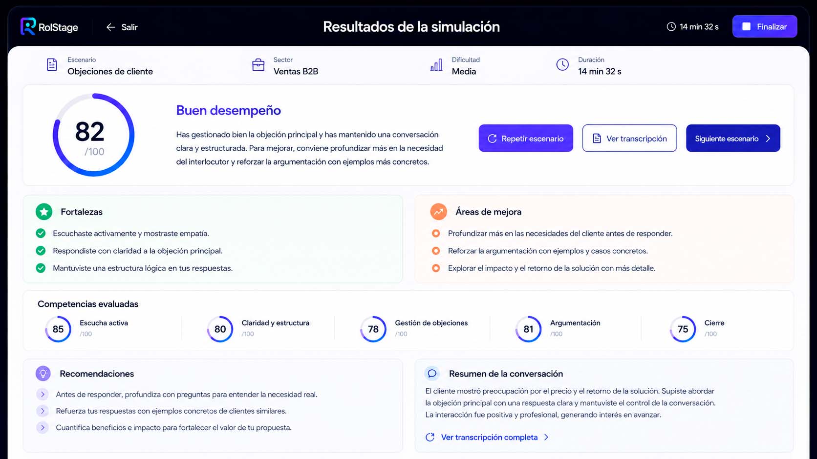 Pantalla de resultados RolStage